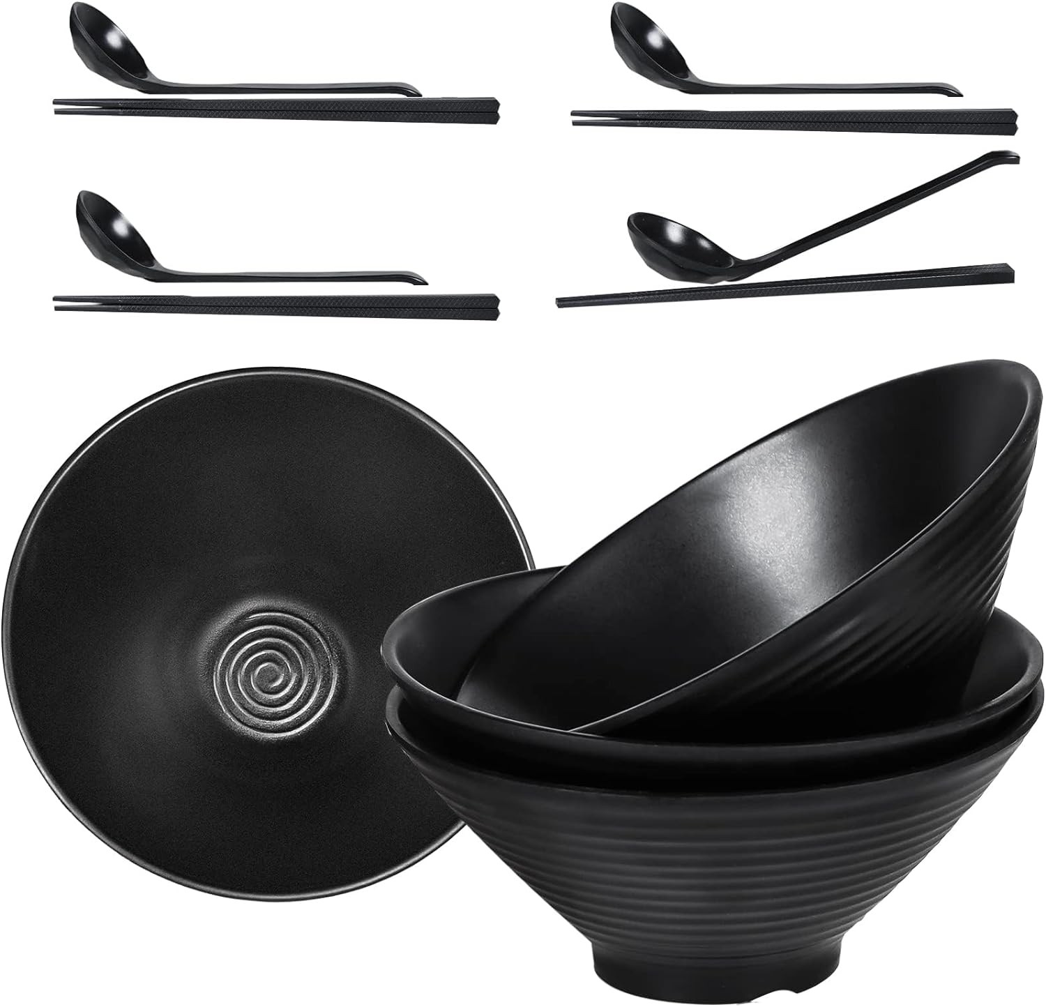 Set of 4 Ramen Bowl Set, 40 oz Melamine Large Japanese Style Noodle Soup Bowls Set with Spoons and Chopsticks for Ramen, Pho, Noodles, Asian Dishes Black,Large Bowl for Adults| Dishwasher Safe