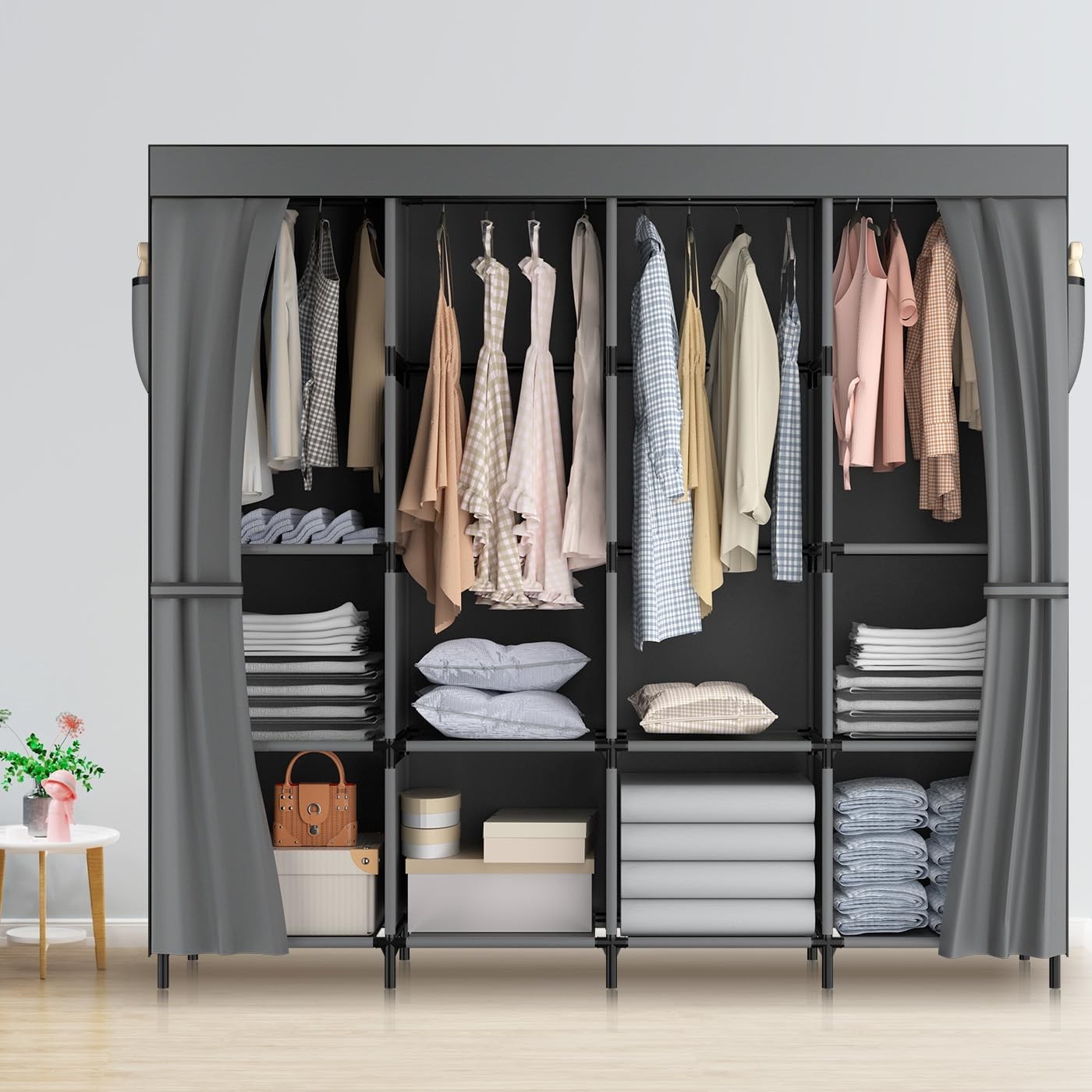 LOEFME Portable Closet Wardrobes for Hanging Clothes with 4 Hanging Rods and 6 Storage Organizer Shelves,Sturdy Storage Wardrobe for Bedroom Free Standing Cloth Rack with Cover, Gray